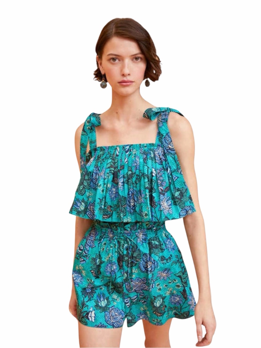 ULLA Johnson Ivy Tank Cropped and Devin Paperbag Waist Shorts Set Jade Green